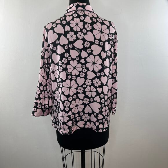 KATE SPADE Black Pink Top Clover Hearts Print Collared PJ Button-Up Medium M - Picture 5 of 11